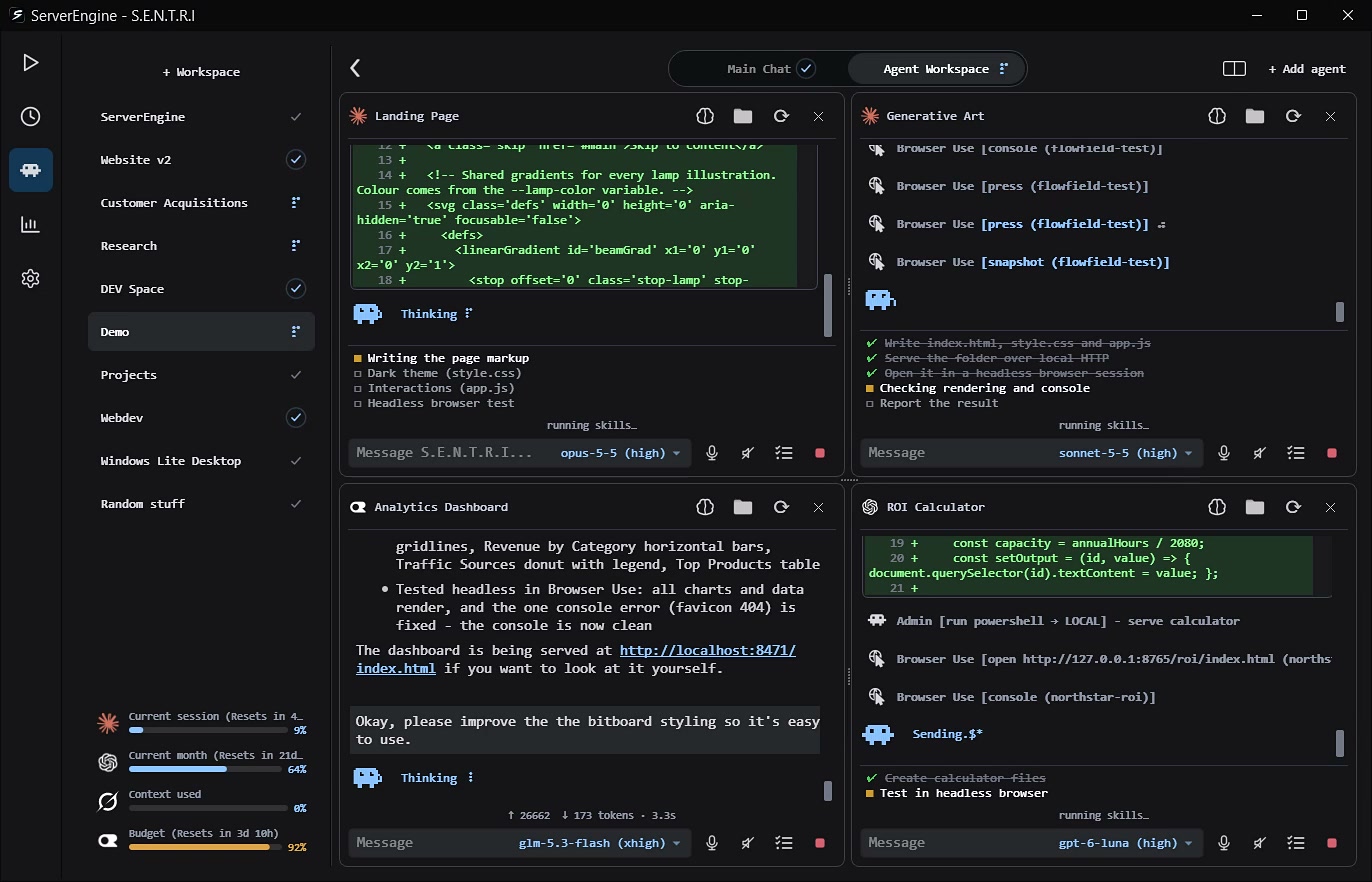 The Agent Workspace in ServerEngine: four agent panels in a grid work on their own jobs at the same time - a landing page, generative art, an analytics dashboard and an ROI calculator - each keeping its own checklist, editing files with the new lines shown as green diffs and checking its own work in a headless browser, while the dashboard agent takes a follow-up asking it to make the styling easier to use.
