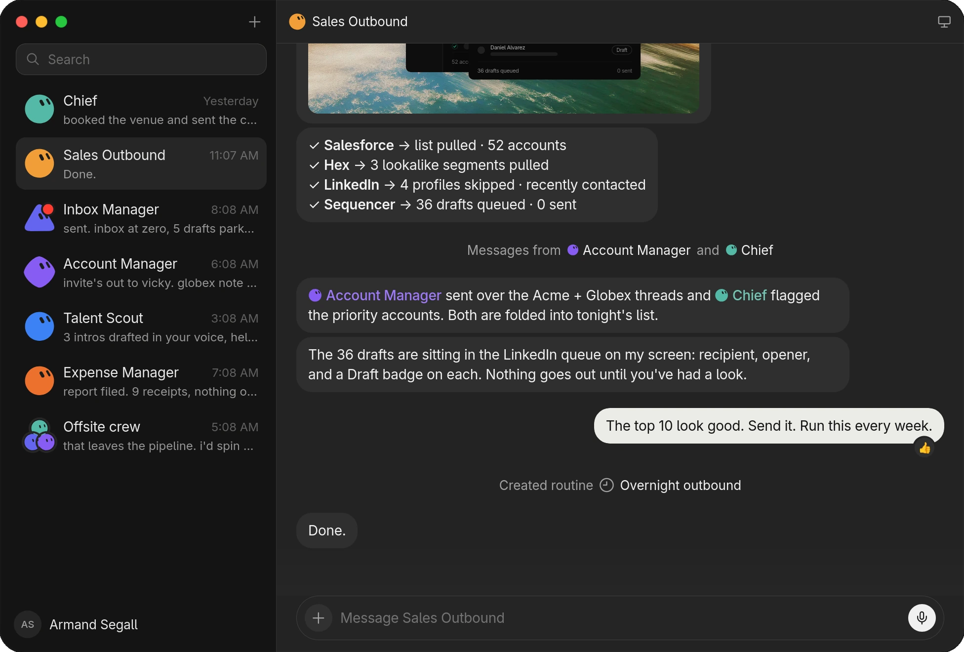 Grok Bot on the desktop: named Bots down the sidebar - Chief, Sales Outbound, Inbox Manager, Talent Scout - and one Bot's conversation open, listing the tools it worked through, a handoff from two other Bots, and the routine it saved.